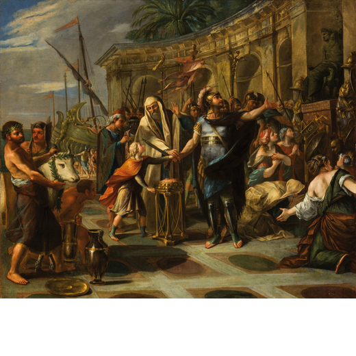 PITTORE DEL XVIII SECOLO Scena storica con vascelli in porto e architetture<br>Olio su tela, cm 114X