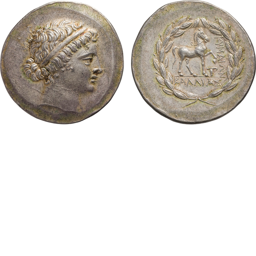 MONETE GRECHE. AEOLIS. KYME (CIRCA 145-143 A.C.). TETRADRACMA  Argento, 16,77gr, 30mm. SPL.<br>D: Te