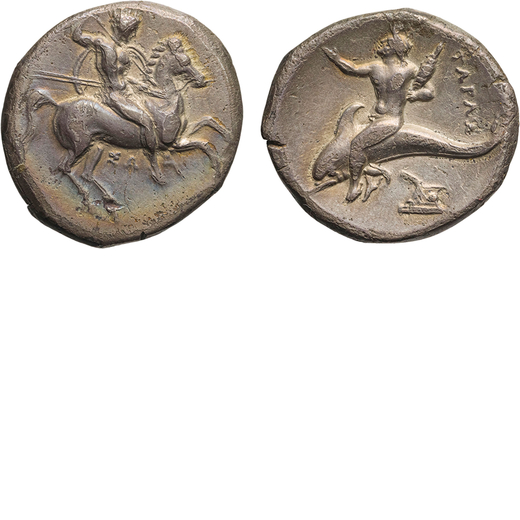 MONETE GRECHE. CALABRIA. TARANTO (CIRCA 280-291 A.C.). NOMOS  Argento, 7,62gr, 20x22mm. Meglio di BB