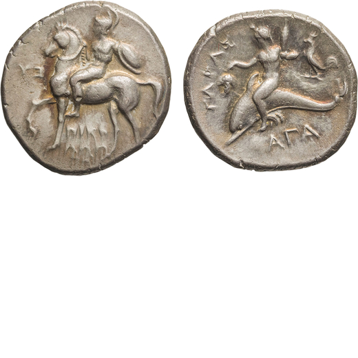 MONETE GRECHE. CALABRIA. TARANTO (CIRCA 281-270 A.C.). NOMOS Argento, 7,93gr, 22mm. BB.<br>D: Cavali