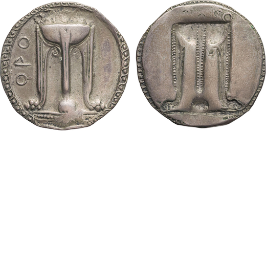 MONETE GRECHE. BRUTTIUM. CROTONE (530-480 A.C.). NOMOS Argento, 7,50gr, 29mm. Meglio di BB.<br>D: Tr