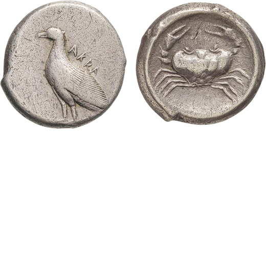 MONETE GRECHE. SICILIA. AGRIGENTO (CIRCA 490-470 A.C.). DIDRACMA Argento, 8,59gr, 19mm. BB<br>D: Aqu