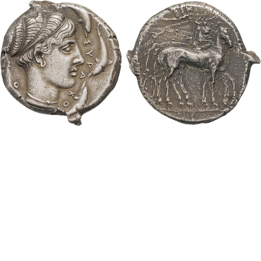 MONETE GRECHE. SICILIA. SIRACUSA (430-420 A.C.). TETRADRACMA Argento, 16,97 gr, 23x25 mm. BB<br>D: T