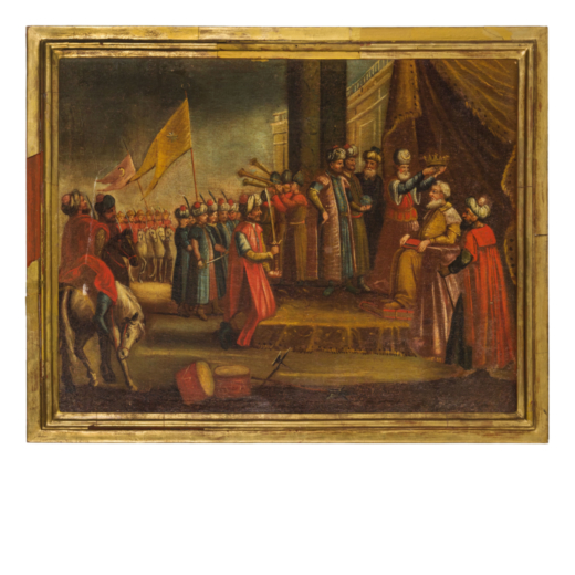 PITTORE VENETO DEL XVII-XVIII SECOLO Scena storica<br>Olio su tela, cm 65X85