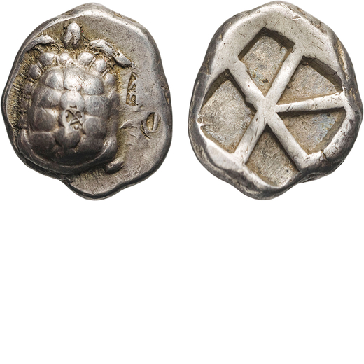 MONETE GRECHE. EGINA (CIRCA 456-431 A.C.). STATERE  Argento, 12,28gr, 21x19mm. BB.<br>D: Testuggine,