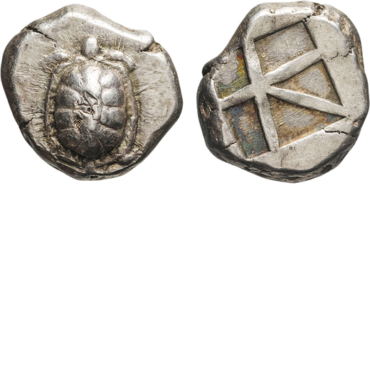 MONETE GRECHE. EGINA (CIRCA 456-431 A.C.). STATERE  Argento, 14,89gr, 20mm. BB.<br>D: Testuggine, co