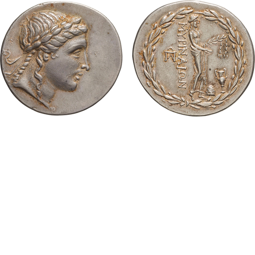 MONETE GRECHE. AEOLIS. MYRINA (CIRCA 160-150 A.C.). TETRADRACMA Argento, 16,90gr, 32x33mm. BB.<br>D: