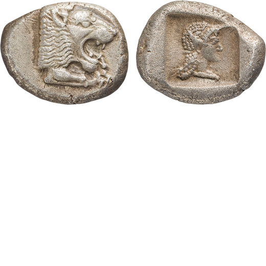 MONETE GRECHE, CARIA. KNIDOS (520-495 A.C.). DRACMA Argento, 6,16gr, 14x18mm. BB.<br>D: Protome di l