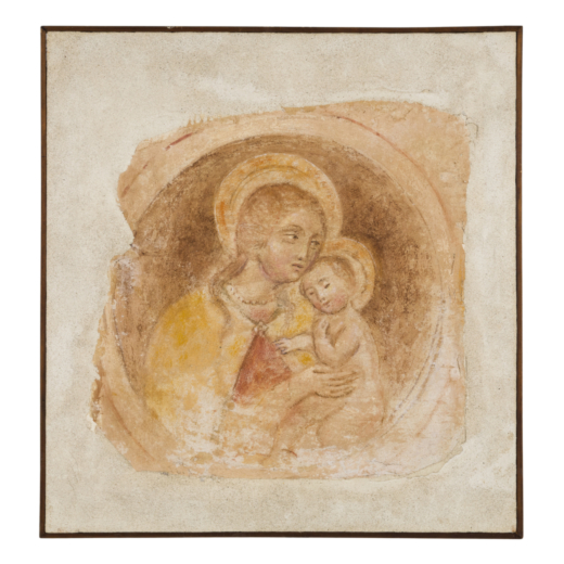PITTORE DEL XVI-XVII SECOLO Madonna con Bambino<br>Strappo daffresco applicato su tela, cm 74,5X69