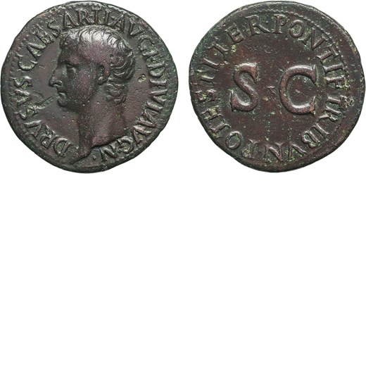 MONETE ROMANE IMPERIALI. DRUSO (13 A.C.-23 D.C.). ASSE Ae, 10,88gr, 29x30mm. Bel BB.<br>D: Testa nud