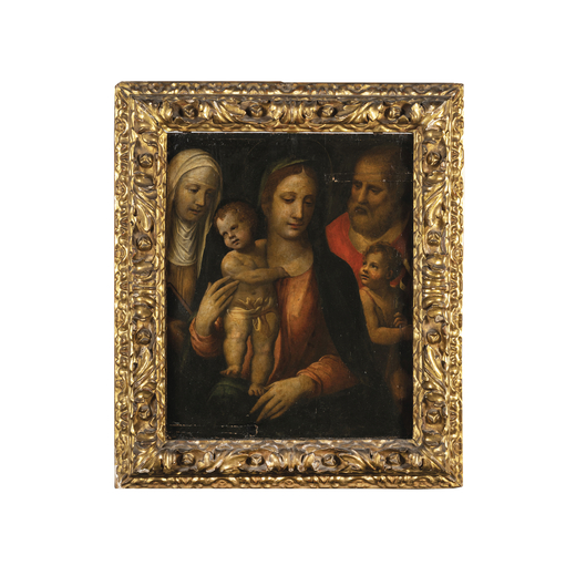 PITTORE SENESE DEL XVI SECOLO Sacra Famiglia<br>Olio su tavola, cm 63X51
