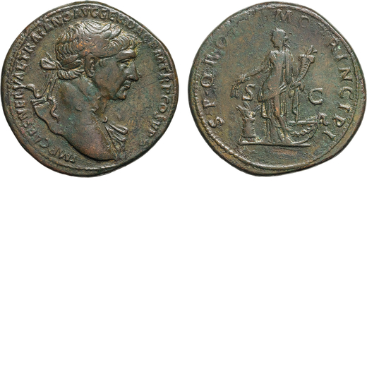 MONETE ROMANE IMPERIALI. TRAIANO (98-117). SESTERZIO Ae, 24,39gr, 33mm. BB.<br>D: Busto laureato e d