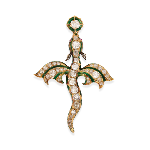 PENDENTIF EN OR, ÉMAIL ET DIAMANTS  en forme dun dragon ailé décoré démail guilloché vert et d