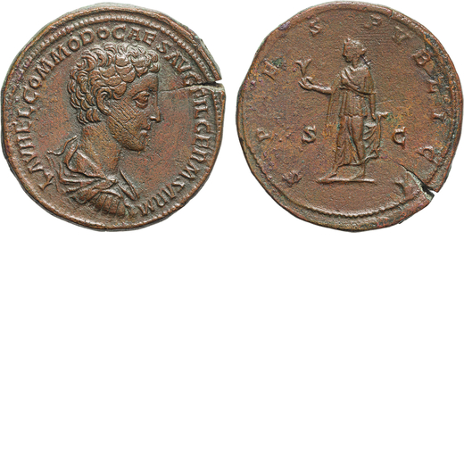 MONETE ROMANE IMPERIALI. COMMODO COME CESARE (166-177). SESTERZIO Ae, 28gr, 33mm. Lieve frattura del