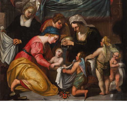 PITTORE DEL XVII SECOLO La nascita della Vergine<br>Olio su tela, cm 112X141.