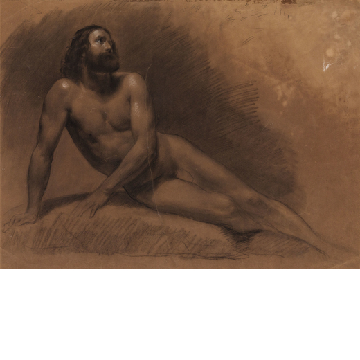PITTORE DEL XIX SECOLO <br>Nudo maschile<br>Tecnica mista su carta bruna, cm 40X54,5