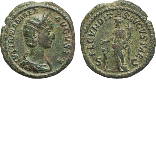MONETE ROMANE IMPERIALI. GIULIA MAMEA (222-235). ASSE Ae, 12,18gr, 26mm. Meglio di BB, qSPL.<br>D: B