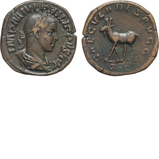 MONETE ROMANE IMPERIALI. FILIPPO II (247-249). SESTERZIO Ae, 17,15gr, 30mm. BB.<br>D: Busto laureato