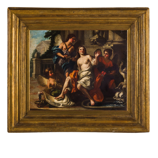 FEDELE FISCHETTI (Napoli, 1732 - 1792)<br>Betsabea al bagno<br>Olio su tela, cm 50,5X62