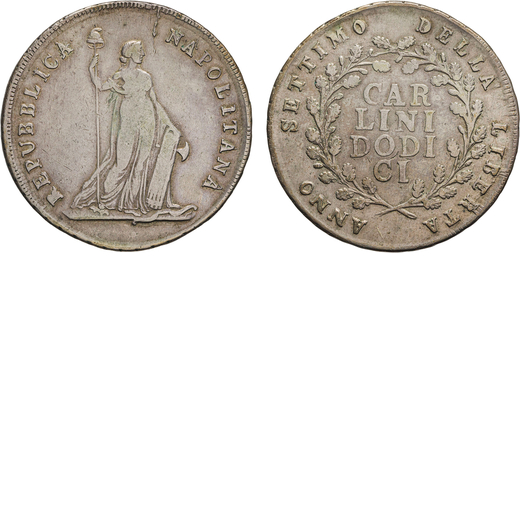 ZECCHE ITALIANE. NAPOLI. REPUBBLICA NAPOLITANA (1799). 12 CARLINI Argento, 27,34gr, 40mm. MB.<br>D: 