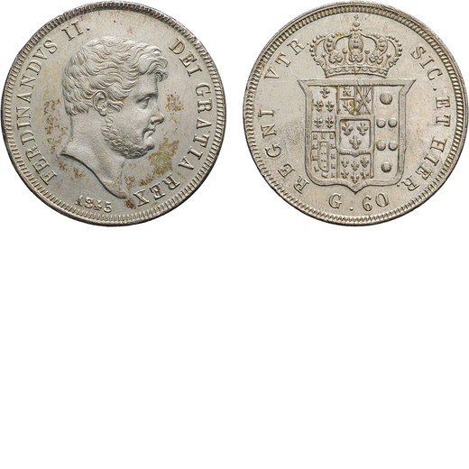ZECCHE ITALIANE. NAPOLI. FERDINANDO II (1830-1859). 60 GRANA 1845  Argento, 13,75, 31mm. minimi colp