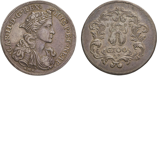 ZECCHE ITALIANE. NAPOLI. CARLO II DI SPAGNA (1674-1700). 100 GRANA 1693 Argento, 21,87gr, 37x38mm. M