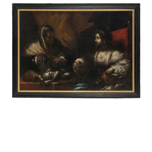 PITTORE FIORENTINO DEL XVII SECOLO La toeletta di Esther<br>Olio su tela, cm 116X166