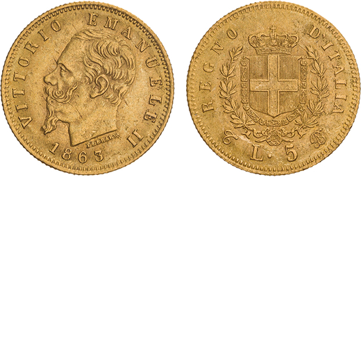 REGNO DITALIA. VITTORIO EMANUELE II (1861-1878). 5 LIRE 1863 TORINO Oro, 1,60gr, 17mm. BB-SPL.<br>D: