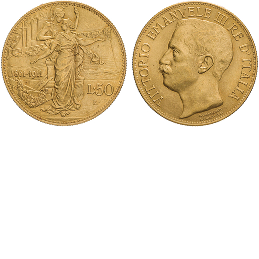 REGNO DITALIA. VITTORIO EMANUELE III (1900-1946). 50 LIRE 1911 Oro, 16,13gr, 28mm. Meglio di SPL.<br