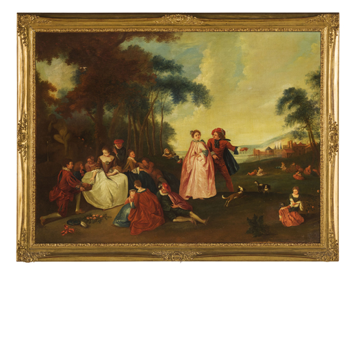 PITTORE FRANCESE DEL XVIII-XIX SECOLO Paesaggio con scena galante<br>Olio su tela, cm 72X100
