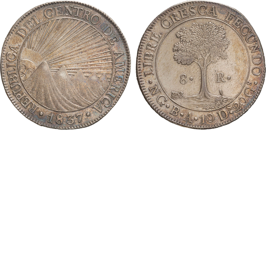 ZECCHE ESTERE. REP. CENTRO AMERICA. 8 REALI 1837 NG Guatemala. Argento, 26,95gr, 39mm. BB.<br>D: Il 