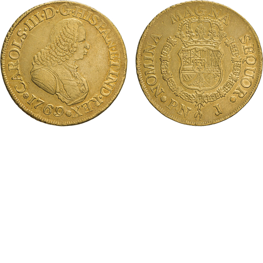 ZECCHE ESTERE. COLOMBIA. CARLO III (1759-1788). 8 SCUDI 1769  Popayán. Oro, 27,10gr, 37mm. Migliore