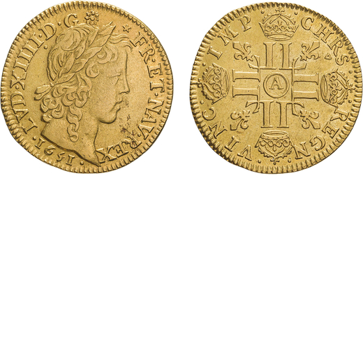ZECCHE ESTERE. FRANCIA. LUIGI XIV (1643-1715). LUIGI DORO 1651  Parigi. Oro, 6,65gr, 25mm. BB.<br>D: