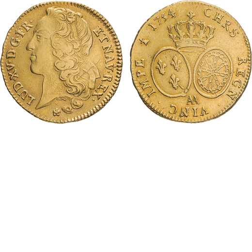 ZECCHE ESTERE. FRANCIA. LUIGI XV (1715-1774). DOPPIO LUIGI DORO 1754 Metz. Oro, 16,23gr, 29x28mm. BB