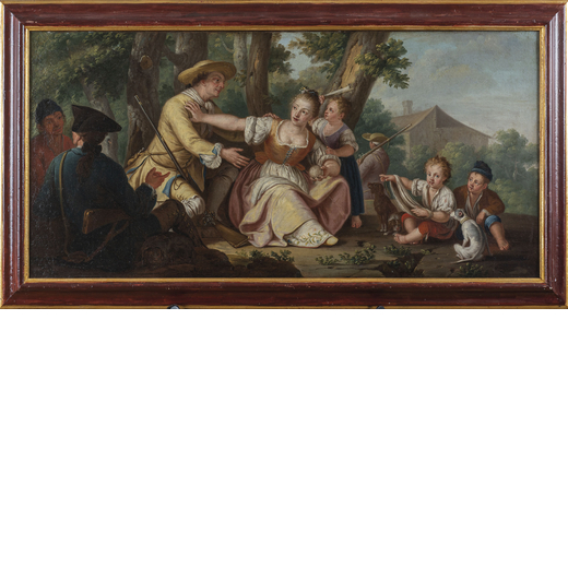 PITTORE DEL XVIII SECOLO Scena campestre<br>Olio su tela, cm 48X98,5