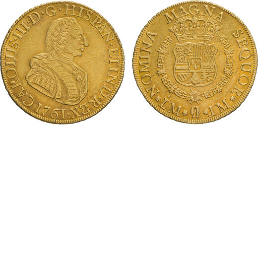 ZECCHE ESTERE. PERU. CARLO III (1759-1788). 8 SCUDI 1761 LIMA Oro, 27gr, 36x37mm. Colpetti, BB-qSPL.