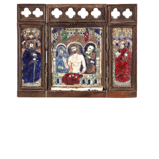 TRITTICO IN RAME SMALTATO, PROBABILMENTE LIMOGES, XVII SECOLO raffigurante la passione di Cristo con