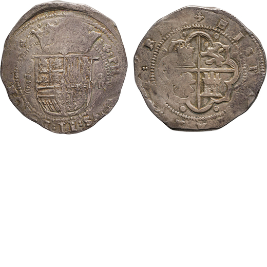 ZECCHE ESTERE. SPAGNA. FILIPPO II (1556-1598). 8 REALI  Toledo. Argento, 27,37gr, 41x39mm. BB.<br>D: