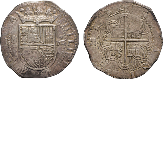 ZECCHE ESTERE. SPAGNA. FILIPPO II (1556-1598). 8 REALI  Siviglia. Argento, 27,44gr, 40x41mm. BB.<br>