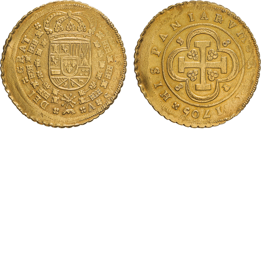 ZECCHE ESTERE. SPAGNA. FILIPPO V (1700-1746). 8 SCUDI 1705 Siviglia. Oro, 26,92gr, 38mm. Decentrata,