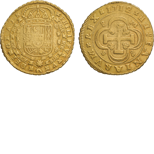 ZECCHE ESTERE. SPAGNA. FILIPPO V (1700-1746). 8 SCUDI 1712 Siviglia. Oro, 26,77gr, 36mm. BB.<br>D: S