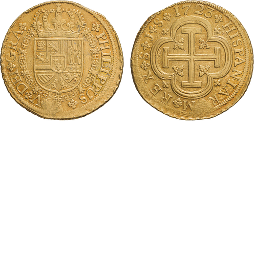 ZECCHE ESTERE. SPAGNA. FILIPPO V (1700-1746). 8 SCUDI 1723 Siviglia. Oro, 26,91gr, 36x37mm. Leggerme
