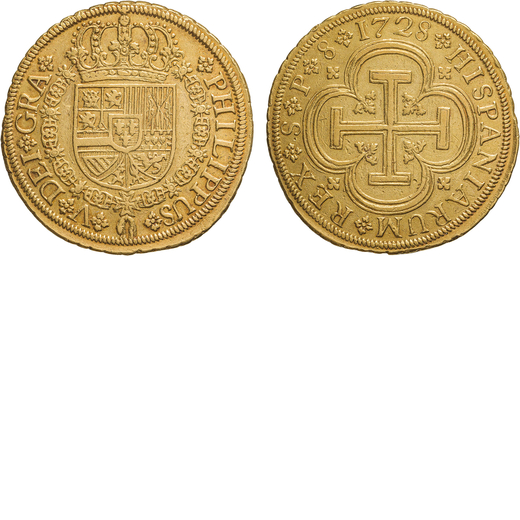 ZECCHE ESTERE. SPAGNA. FILIPPO V (1700-1746). 8 SCUDI 1728 Siviglia. Oro, 26,81gr, 37mm. Meglio di B