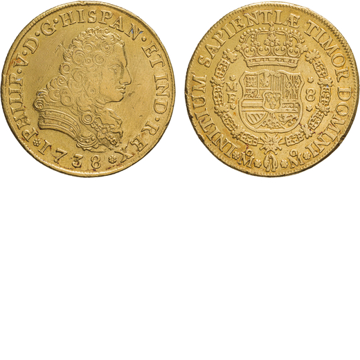 ZECCHE ESTERE. MESSICO. FILIPPO V (1700-1746). 8 SCUDI 1738 Città del Messico. Oro, 26,92gr, 36mm. 
