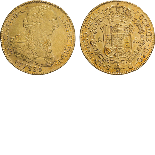 ZECCHE ESTERE. SPAGNA. CARLO III (1759-1788). 8 SCUDI 1788  Siviglia. Oro, 27,05gr, 37mm. BB-SPL.<br
