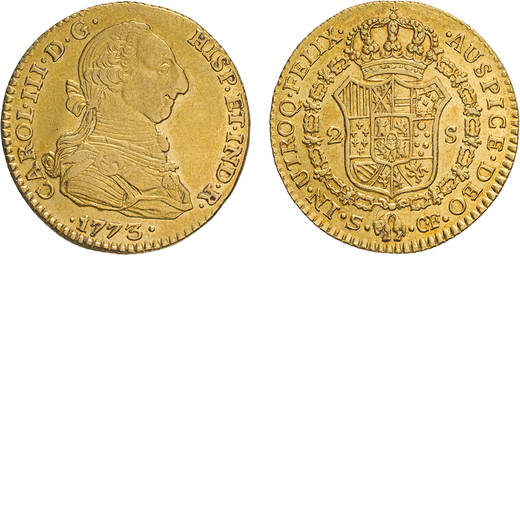 ZECCHE ESTERE. CARLO III (1759-1788). 2 SCUDI 1773  Siviglia. Oro, 6,71gr, 22mm. SPL.<br>D: Busto co