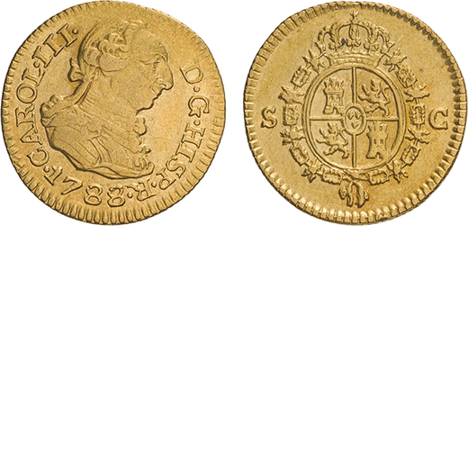 ZECCHE ESTERE. SPAGNA. CARLO III (1759-1788). MEZZO SCUDO 1788  Siviglia. Oro, 1,74gr, 15mm. BB-SPL.