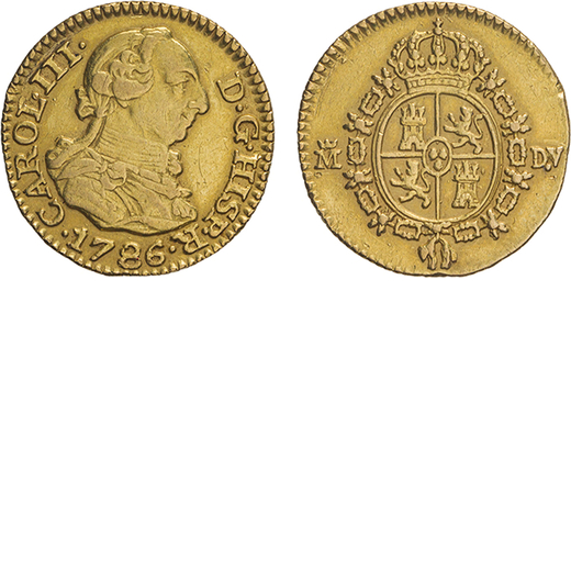 ZECCHE ESTERE. SPAGNA. CARLO III (1759-1788). MEZZO SCUDO 1786  Madrid. Oro, 1,71gr, 14mm. Colpetti,