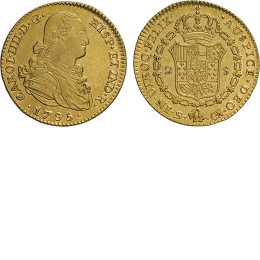 ZECCHE ESTERE. SPAGNA. CARLO IV (1788-1808). 2 SCUDI 1795  Siviglia. Oro, 6,73gr, 23x22mm. SPL.<br>D