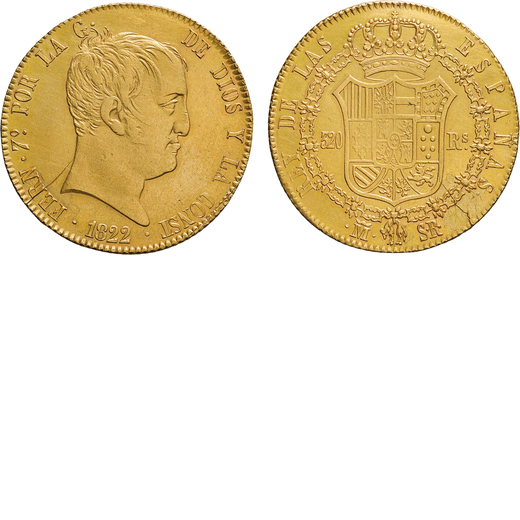 ZECCHE ESTERE. SPAGNA. FERDINANDO VII (1808-1833). 320 REALI 1822 Madrid. Oro, 27,05gr, 35mm. Debole